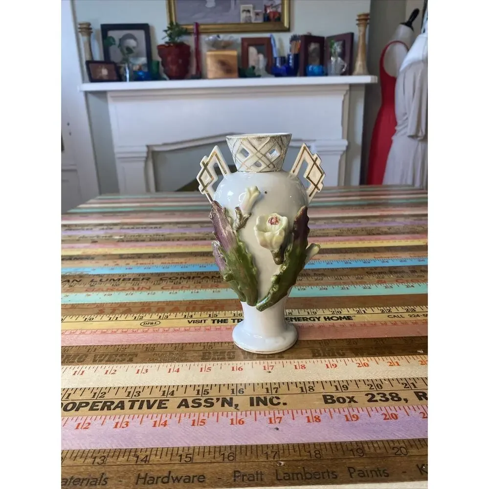 Thames Hand painted Ceramic Pottery Vase 7”Applied Cacti Floral Numbered 52/59